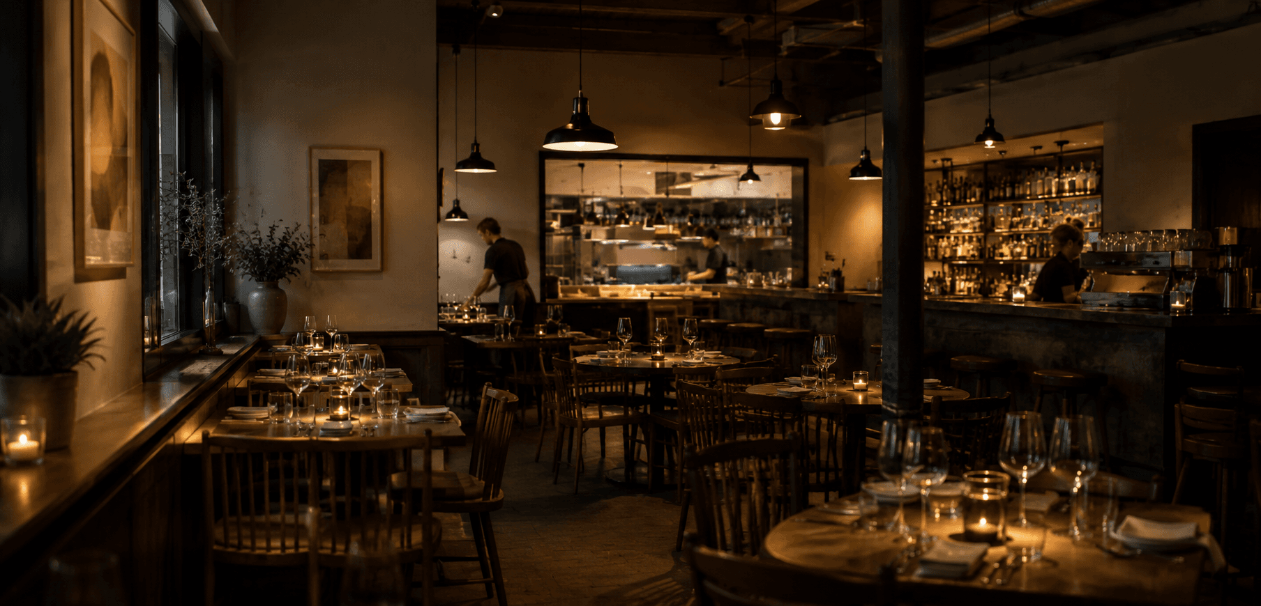 A restaurant dining room set for service